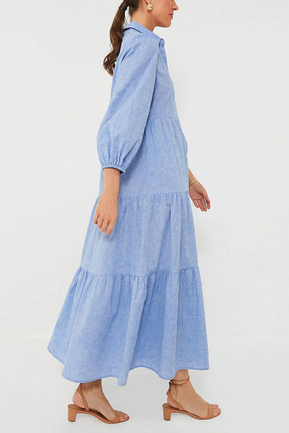 Color Lapel Elastic Cuffs Loose Maxi Dress