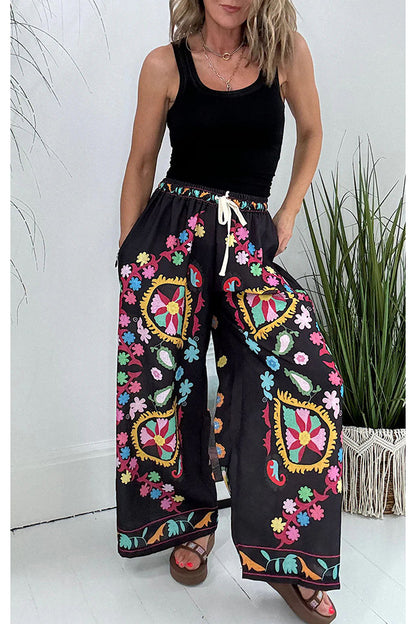 Hippie Style Unique Denim Print Elastic Waist Pocketed Wide Leg Pants