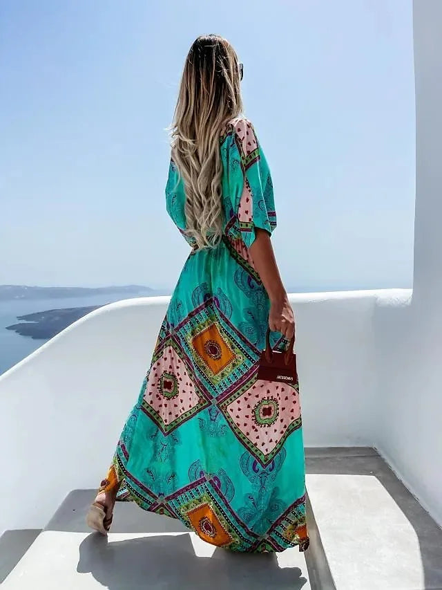 Summer Printed Long Dresses V-neck Beach Vacation Style High Waist Leace-up Slit Dress Female Vestidos