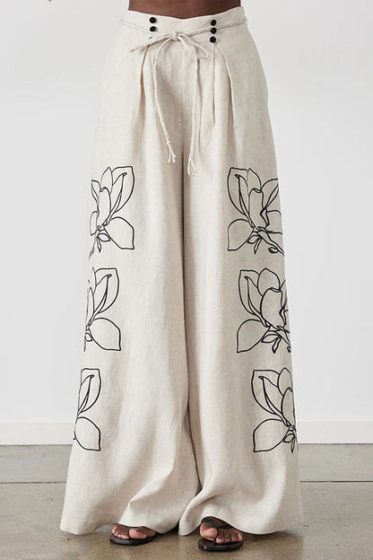 Elaina Linen Blend Print Button Pocketed Wide Leg Palazzo Pant