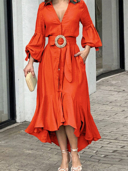 High-low Puff Sleeves Pleated Color Lapel Collar Maxi Dresses