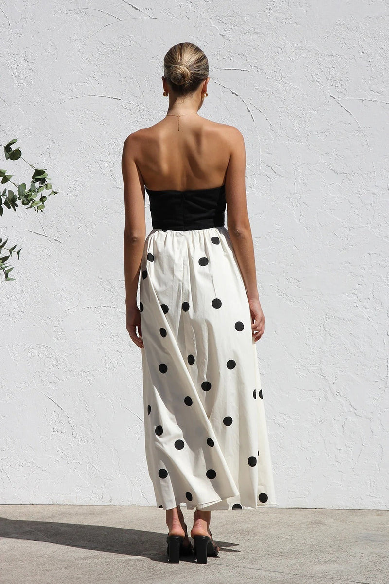 Polka Dot Print Strapless A-line Maxi Dress