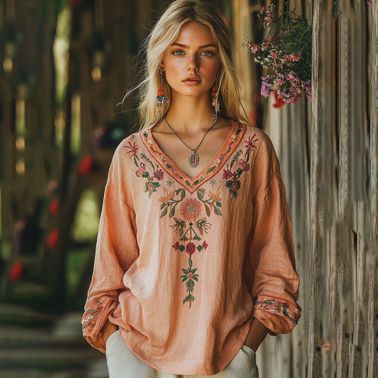 Vintage Bohemian Floral Embroidery Art Cozy Linen Shirt elevenforest