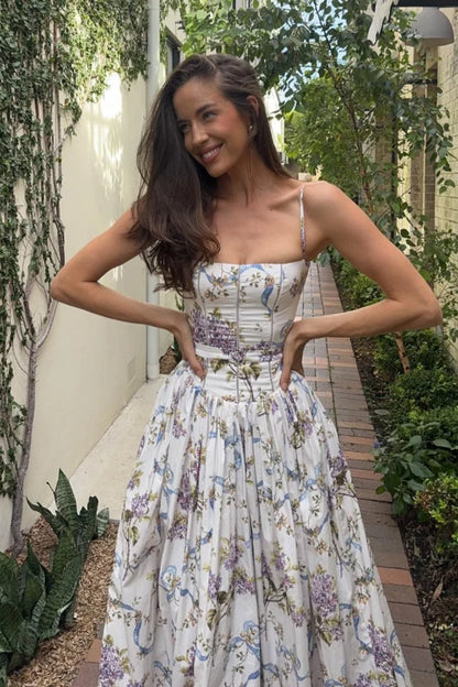 Rayon Printed Strap Pleated Maxi Dress