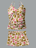 Retro Flower V-Neck Vintage Flowers Print Suspender Skirt Tankini Pantskirt Set Swimsuit