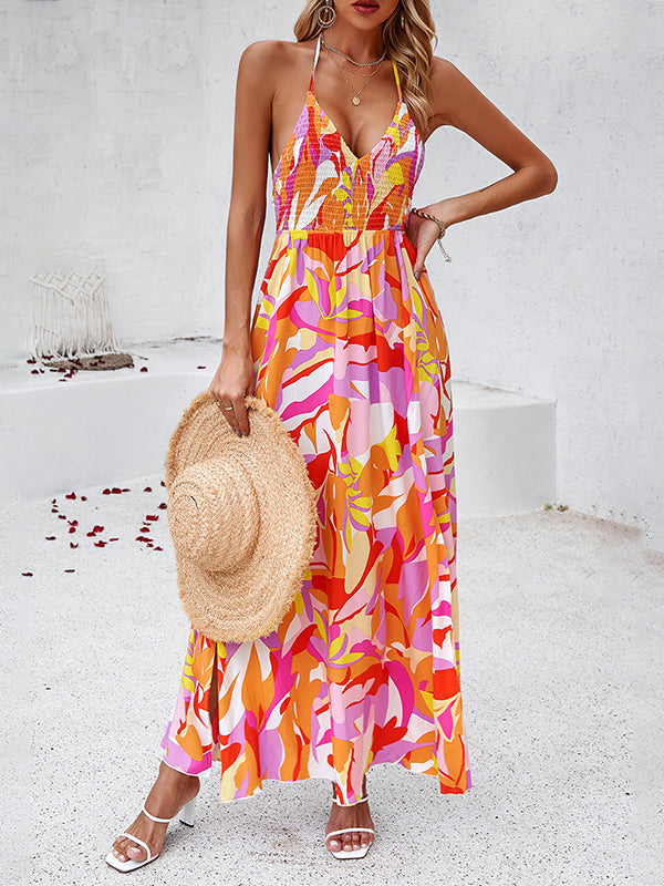 High Waisted Sleeveless Backless Elasticity Pleated Printed Split-side Tied Halter-neck Maxi Dresses