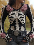 Comstylish Vintage Skeleton Roses Crochet Art V Neck Cozy Sweater
