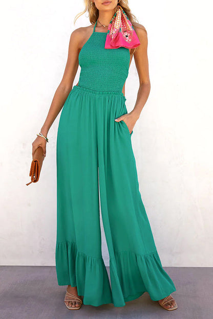 Color Halter Neck Open Back Flared Jumpsuit