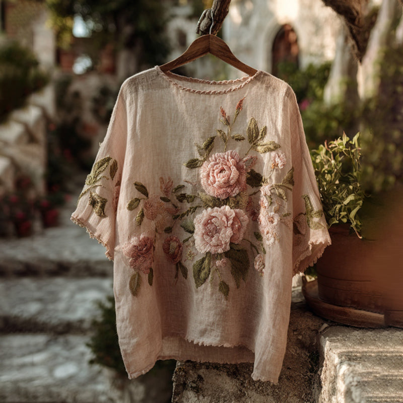 Vintage Pink Floral Art Pattern Linen Short Sleeved T-shirt elevenforest