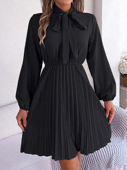 Long Sleeves Loose Pleated Color Tied Mock Neck Mini Dresses