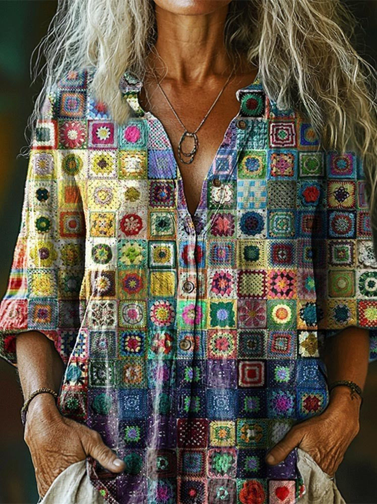 Colorful Geometric Check patterns Women's Print Casual Cotton Linen Sh