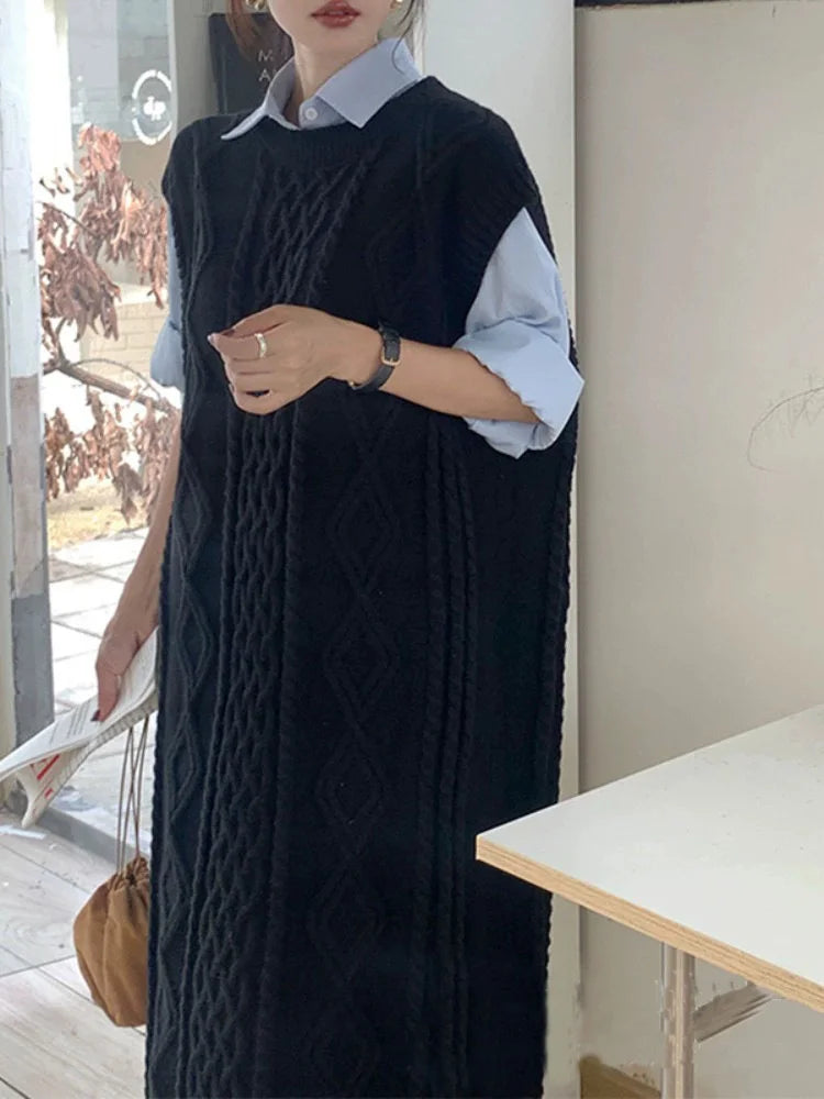 Knit Loose Patchwork Maxi Dress for Sleeveless High Waist Ribbed Dress Knitwear Dress