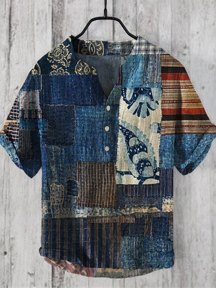 Vintage Patchwork Fabric Art Men's Linen V-neck Shirt elevenforest