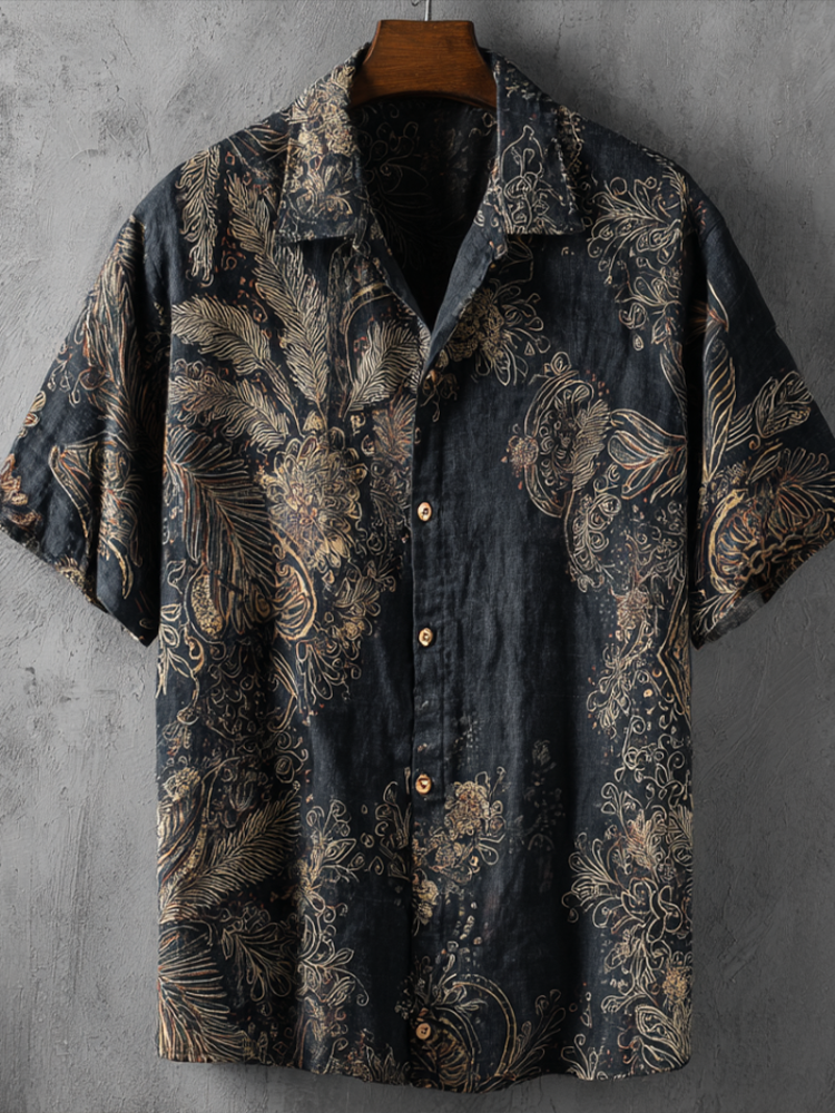 Western Style Bohemian Plant Flower Pattern Color Block Patchwork Retro Cotton And Linen Men's Shirt elevenforest