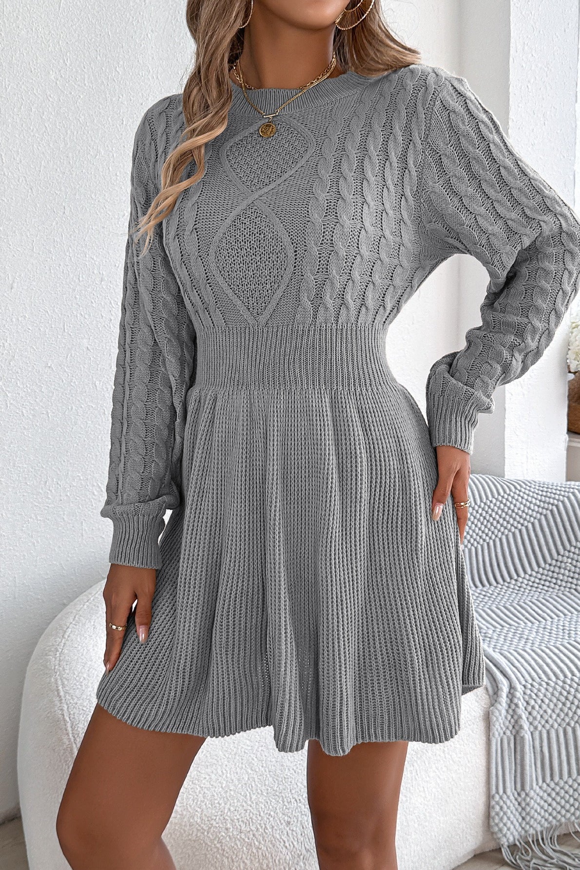 Round Neck Chunk Cable Waisted Knit Mini Dress