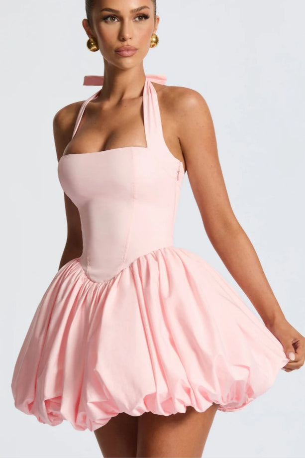 Halter Tie Bow Puffy Hem Mini Dress