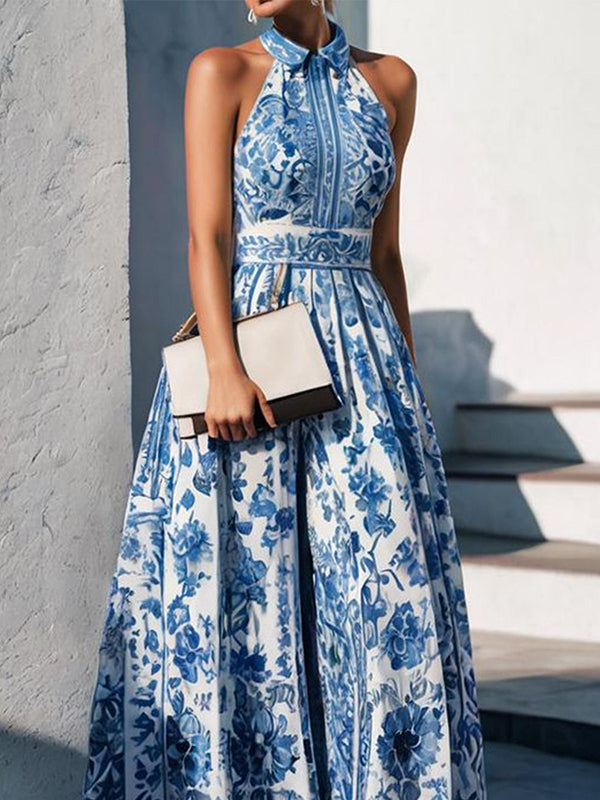 A-line Loose Flower Print Split-joint Lapel Maxi Dresses