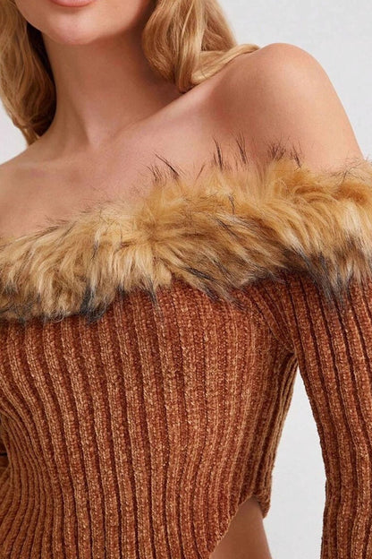 Off-the-shoulder Fur Trim Slim Sweater