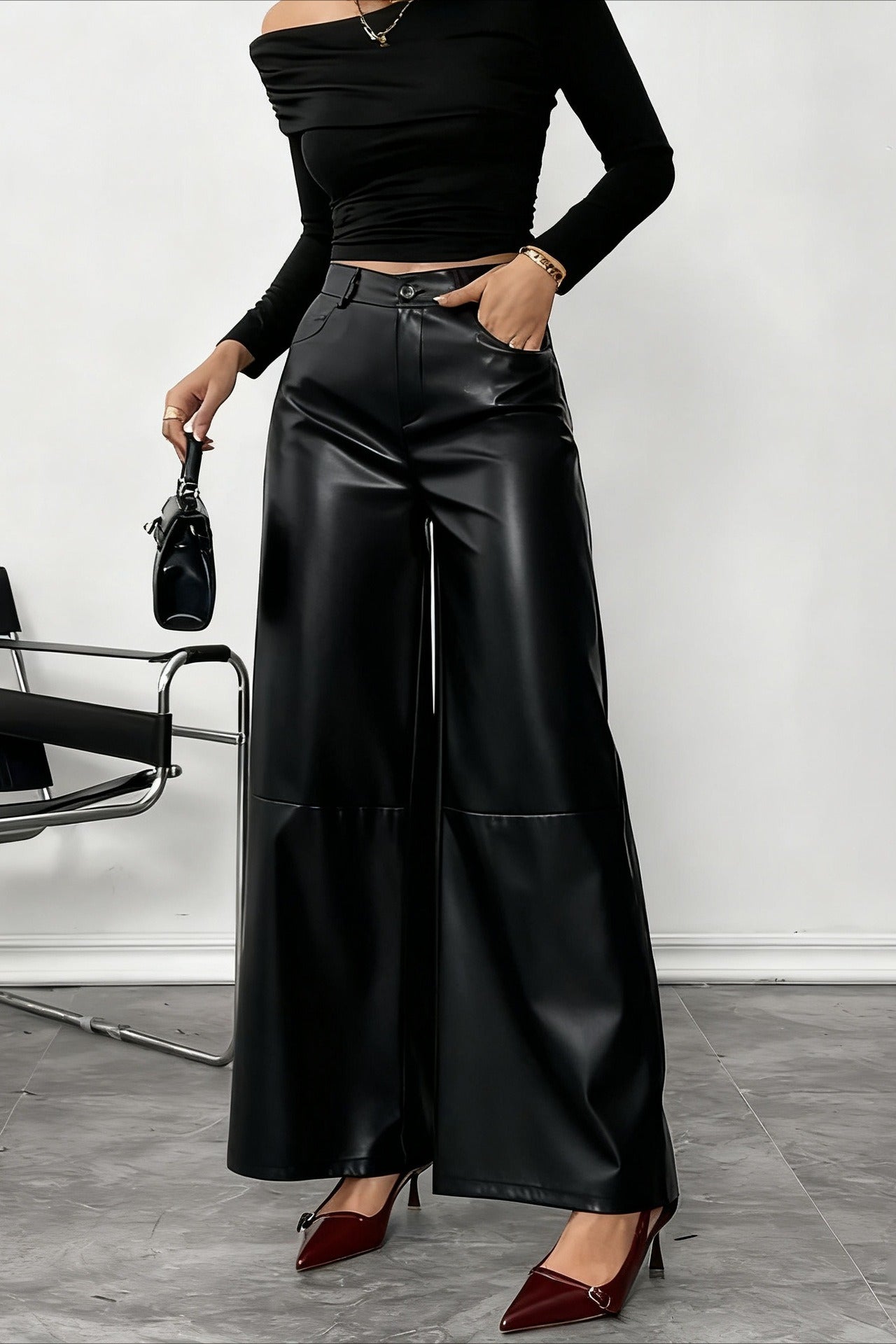 High Waist Fluid Black Pu Leather Wide Leg Pants