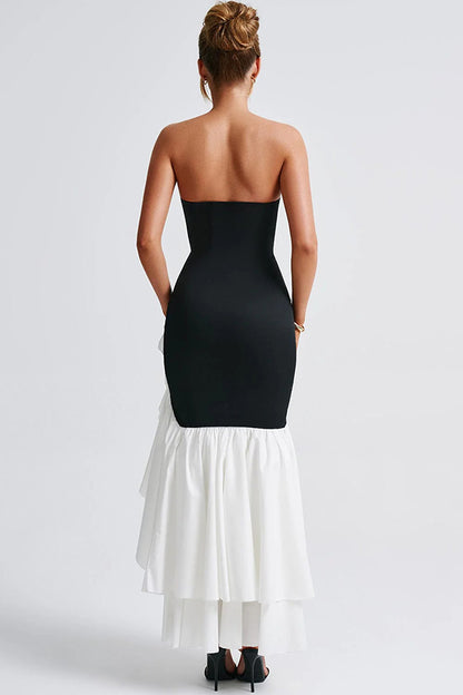 Contrast Color Off-shoulder Slim Fit Irregular Hem Maxi Dress