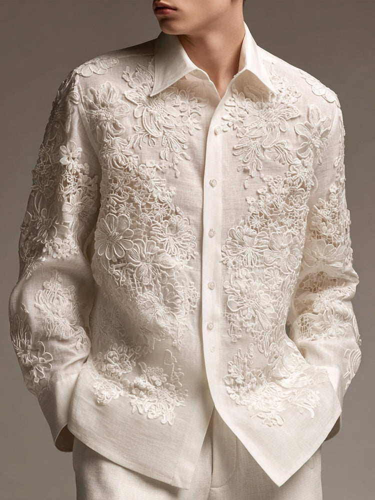 Men's Floral Lace Embroidered Long Sleeve Linen Shirt elevenforest