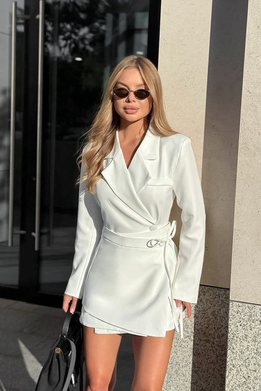 White Tailored Wrap Waist a Line Mini Dress