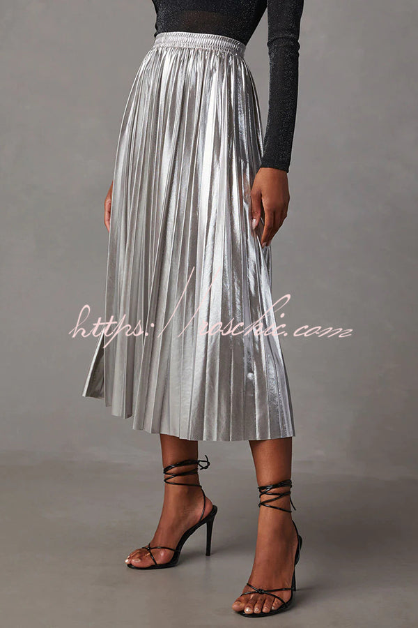 Yuletide Glow Metallic Fabric Pleated Elastic Waist Midi Skirt