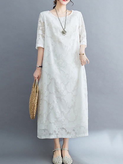 Loose Three-quarter Sleeves Jacquard See-through Color Round-neck Midi Dresses