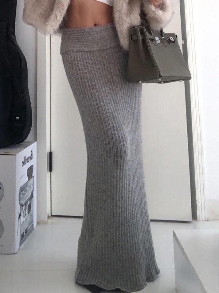 Classic Gray Turned Waist Low Rise Maxi Skirt