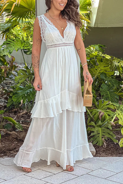 Off White Maxi Dress With Lace Top and Back Bow