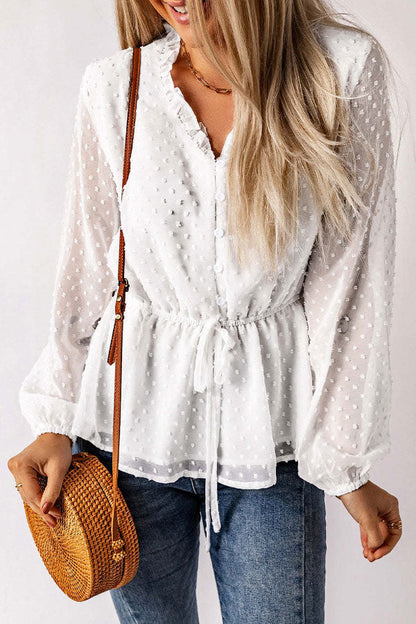 V-neck Button Tie Waist Polka Dot Blouse