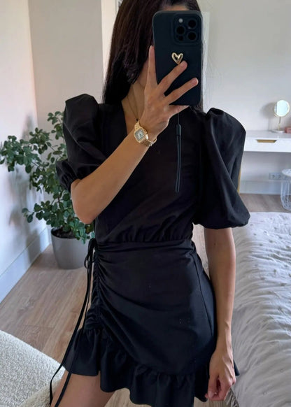 Puff Sleeve Wrap Dress With Ruffle Hem