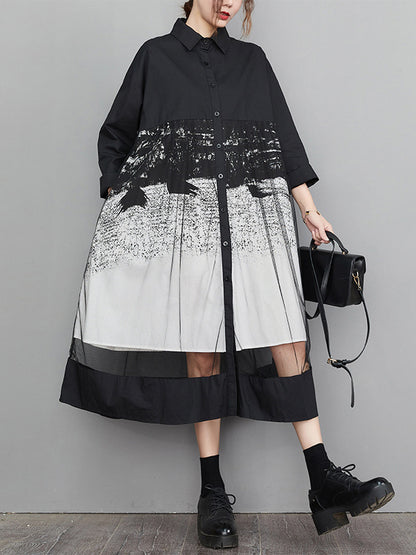 A-line Long Sleeves Buttoned Gauze Printed Split-joint Lapel Midi Dresses