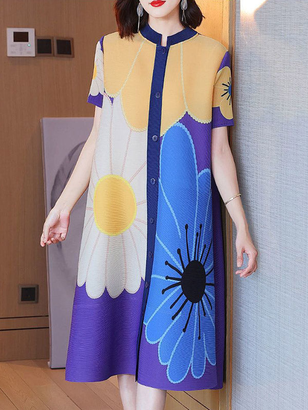A-line Loose Buttoned Flower Print Pleated Round-neck Midi Dresses
