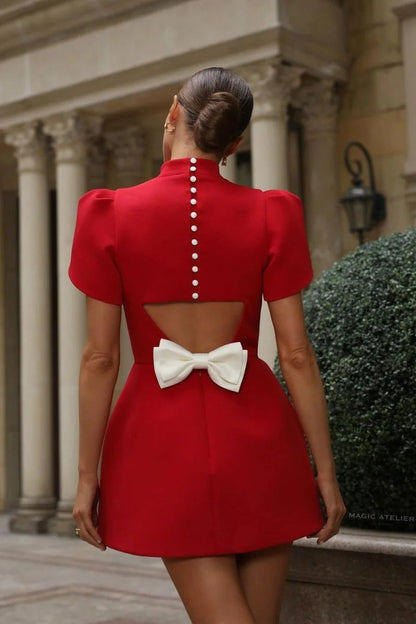 Adelaide Scarlet - Bowknot Cut-out Mini Dress