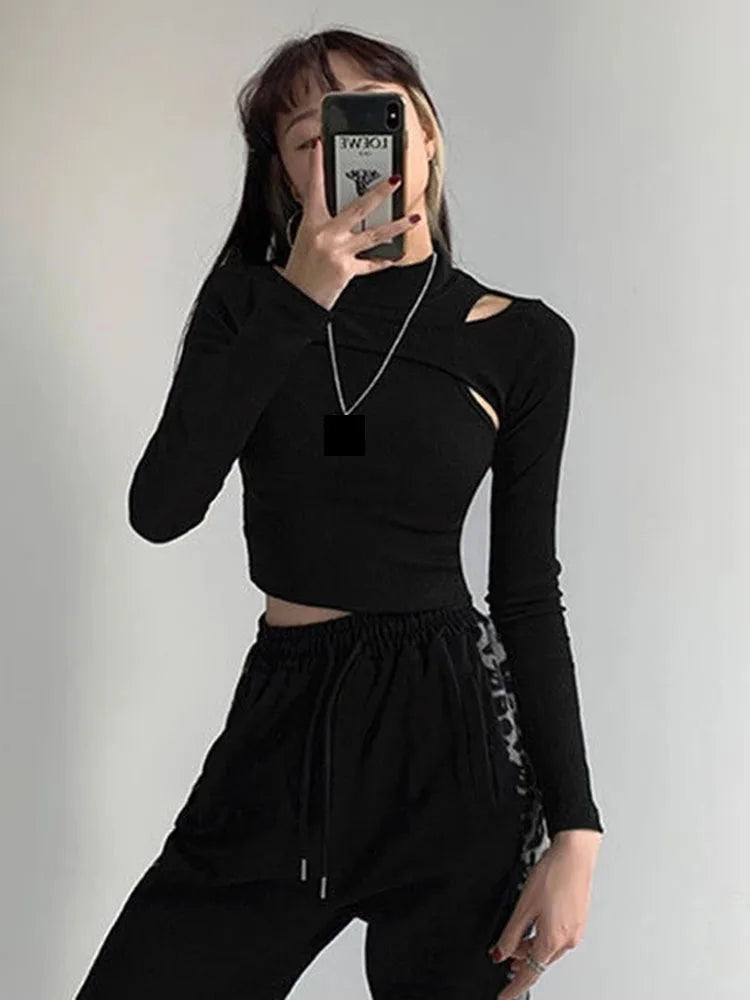 Hollow Knitted Crop Tops New Fitness Fake Two-piece T-shirt Female Black White Long Sleeve Tops