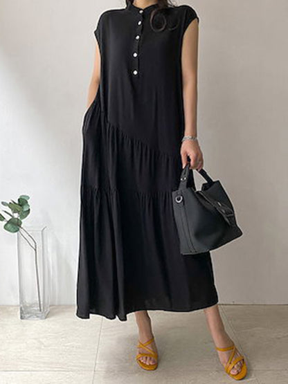 A-line Loose Buttoned Pleated Ruffled Color Split-joint Tiered Stand Collar Midi Dresses