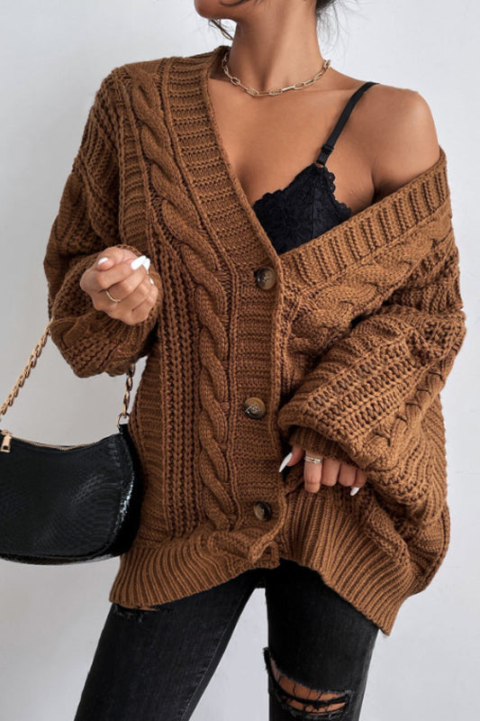 V-neck Cable Knit Balloon Sleeve Cardigan