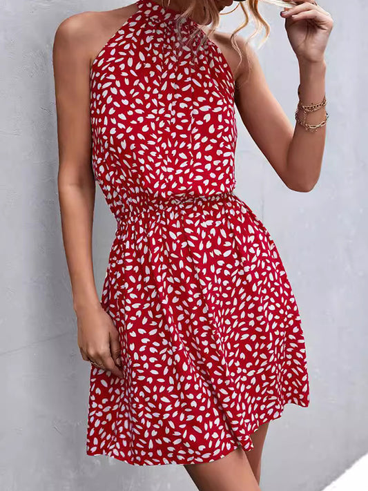 A-line High Waisted Elasticity Leaves Print Pleated Halter-neck Mini Dresses