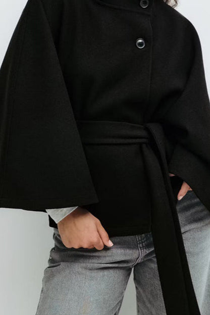 Cape Stand Collar Buttoned Waist-tied Trench Coat