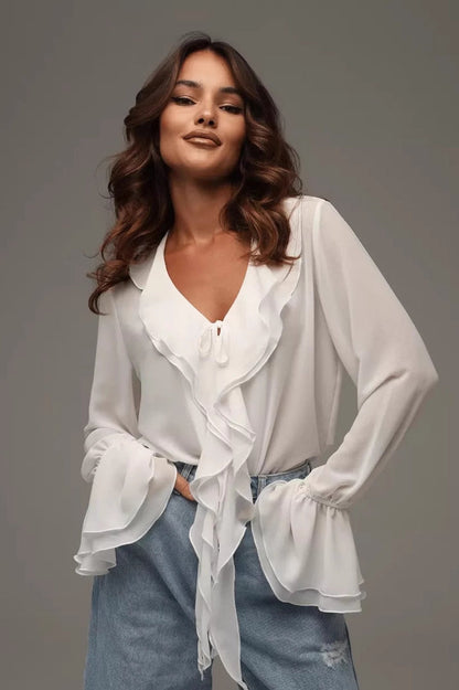 V-neck Ruffled Flare Sleeve Blouse