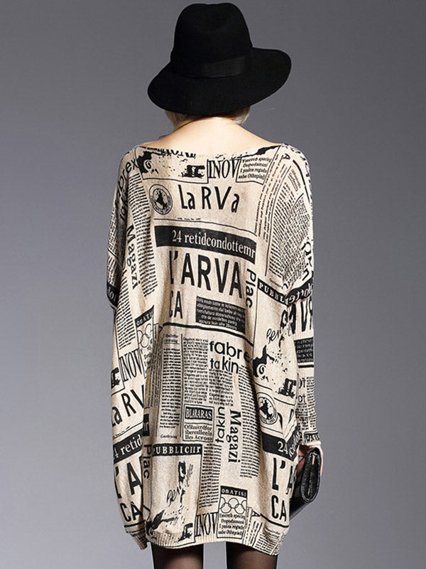 Loose One-shoulder Newspaper Printed Split-joint Sweater