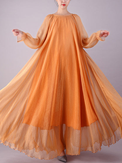 Long Sleeves Loose Falbala Gauze Pleated Color Tied Waist Round-neck Maxi Dresses