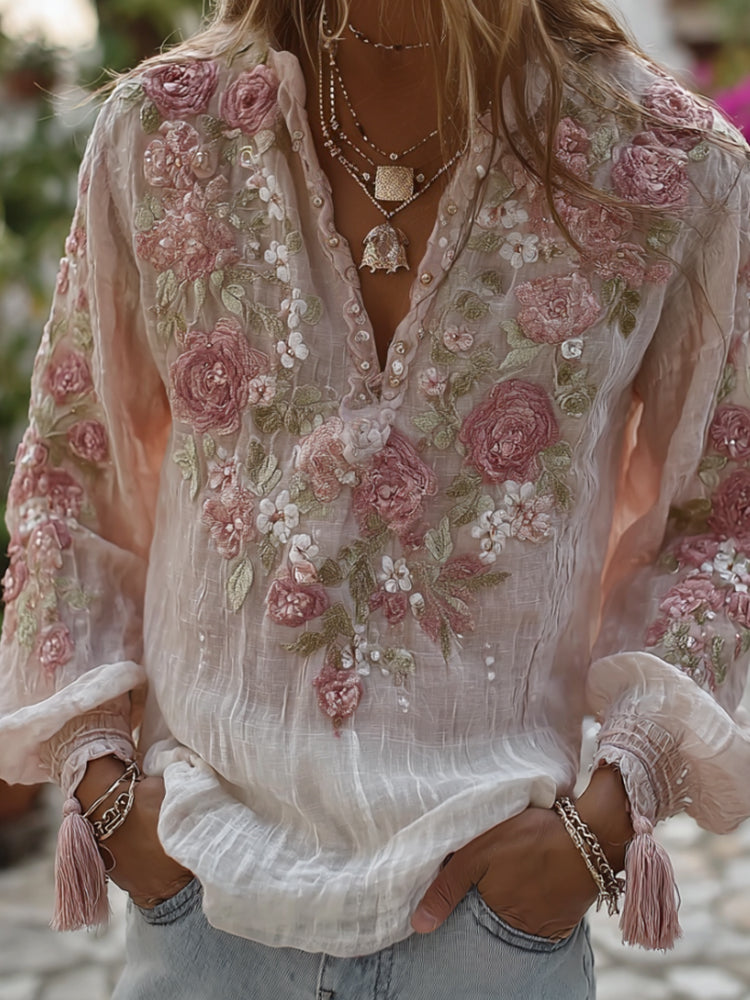 Women's Three-dimensional Romantic Flower Embroidery Casual Retro Long-sleeved Shirt elevenforest