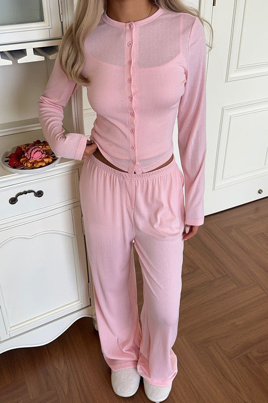 Button Front Cardigan Wide Leg Pants Set