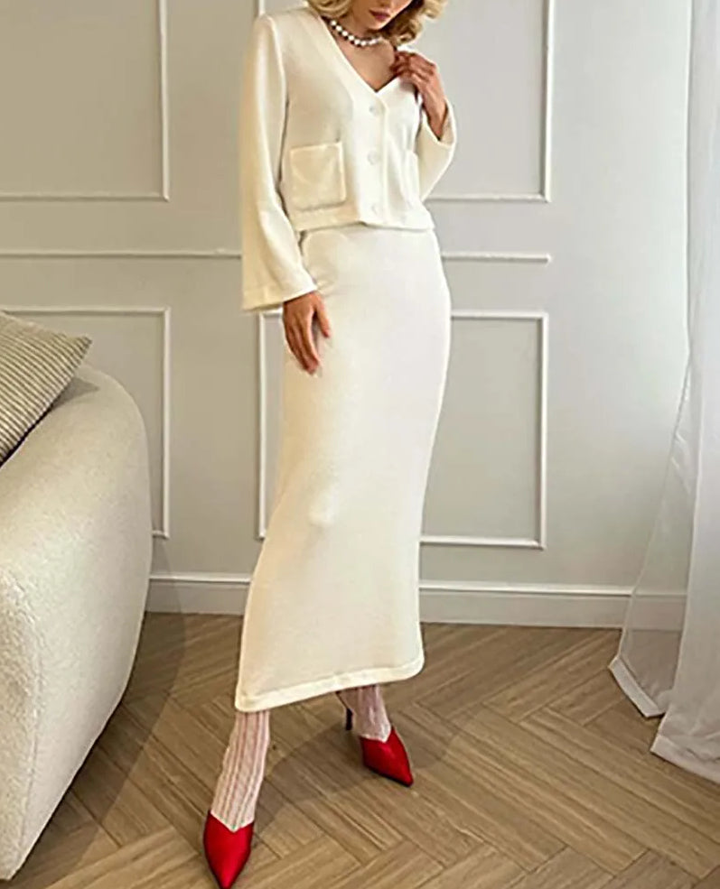 White Knitting V-neck Slim Skirt Office Two Piece Set