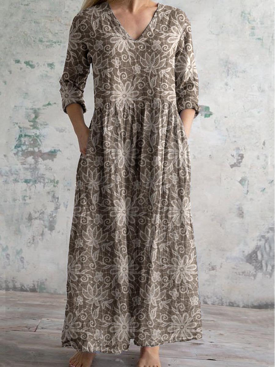 Women's V-neck Elegant Simple Floral Pattern Cotton And Linen Dress Wi