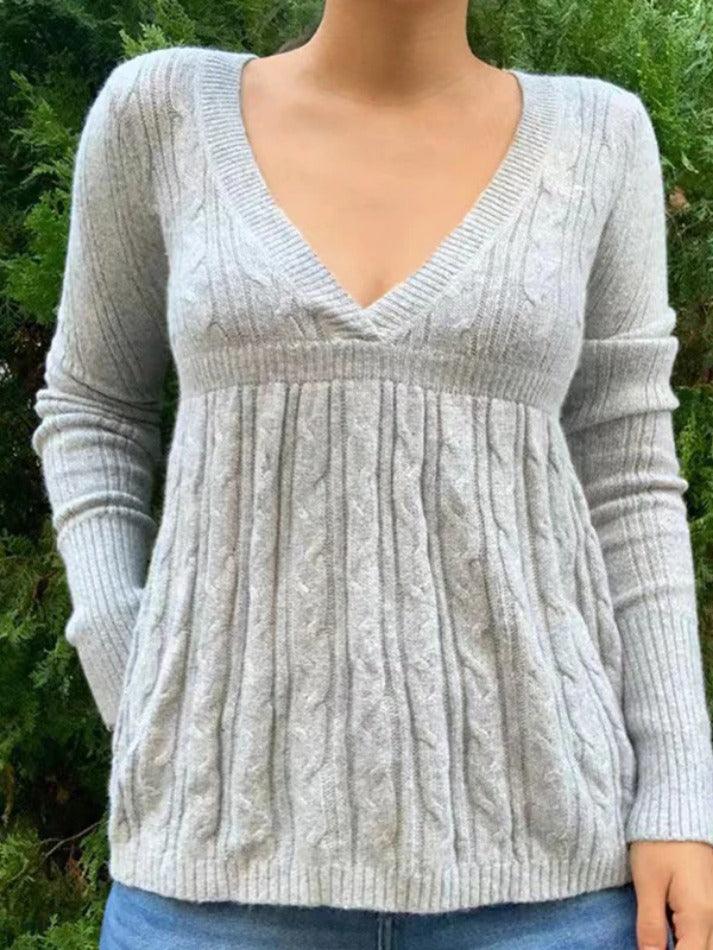 Gray V-neck Crochet a Line Hem Sweater