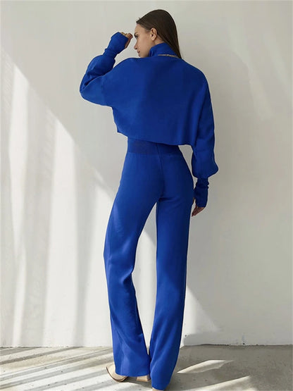 Turtleneck Two Piece Outfits for Lantern Sleeve Cropped Top and Straight Leg Pants Sets Tracksuit Outfits