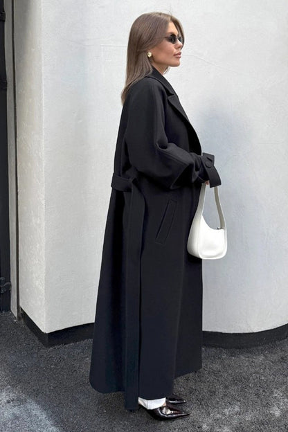 Longline Wool Blend Tie Waist Loose Overcoat